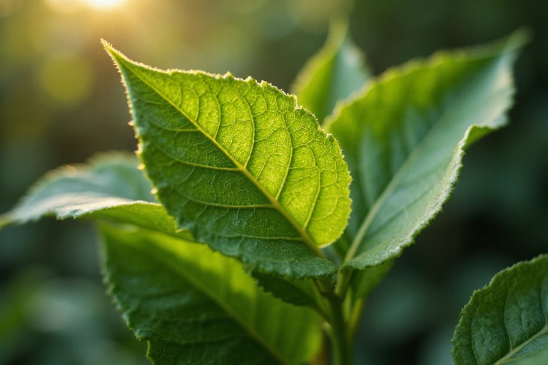 Amprenta unei frunze de ceai verde, simbolizând antioxidanți și protecția celulelor.