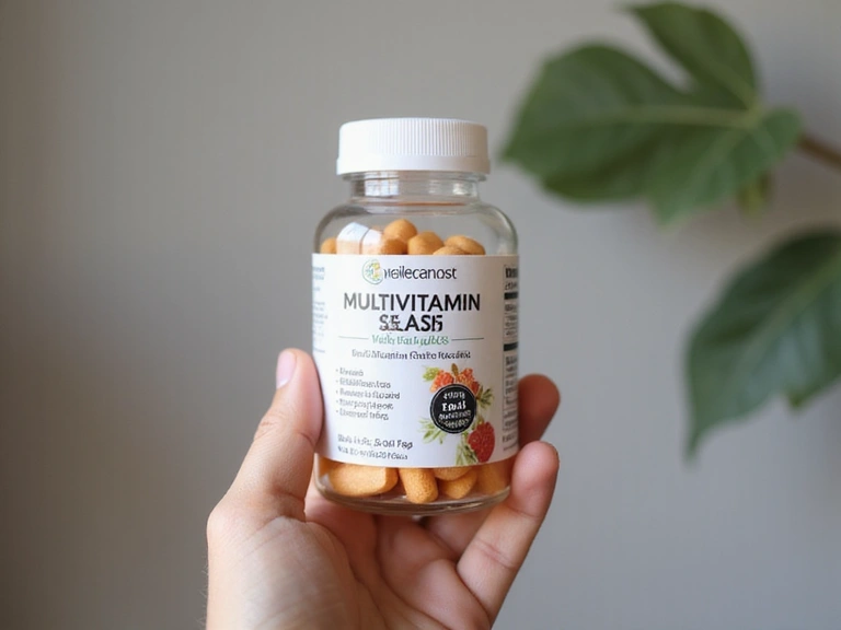 Imagine cu o mână care ține o sticlă de multivitamine, cu o etichetă lizibilă, pe un fundal curat, sugerând alegerea conștientă a suplimentelor